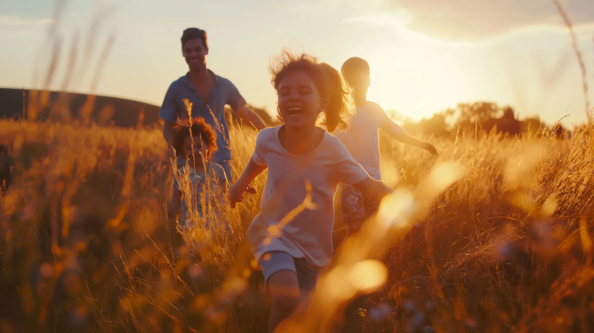 Family in the field at sunset
